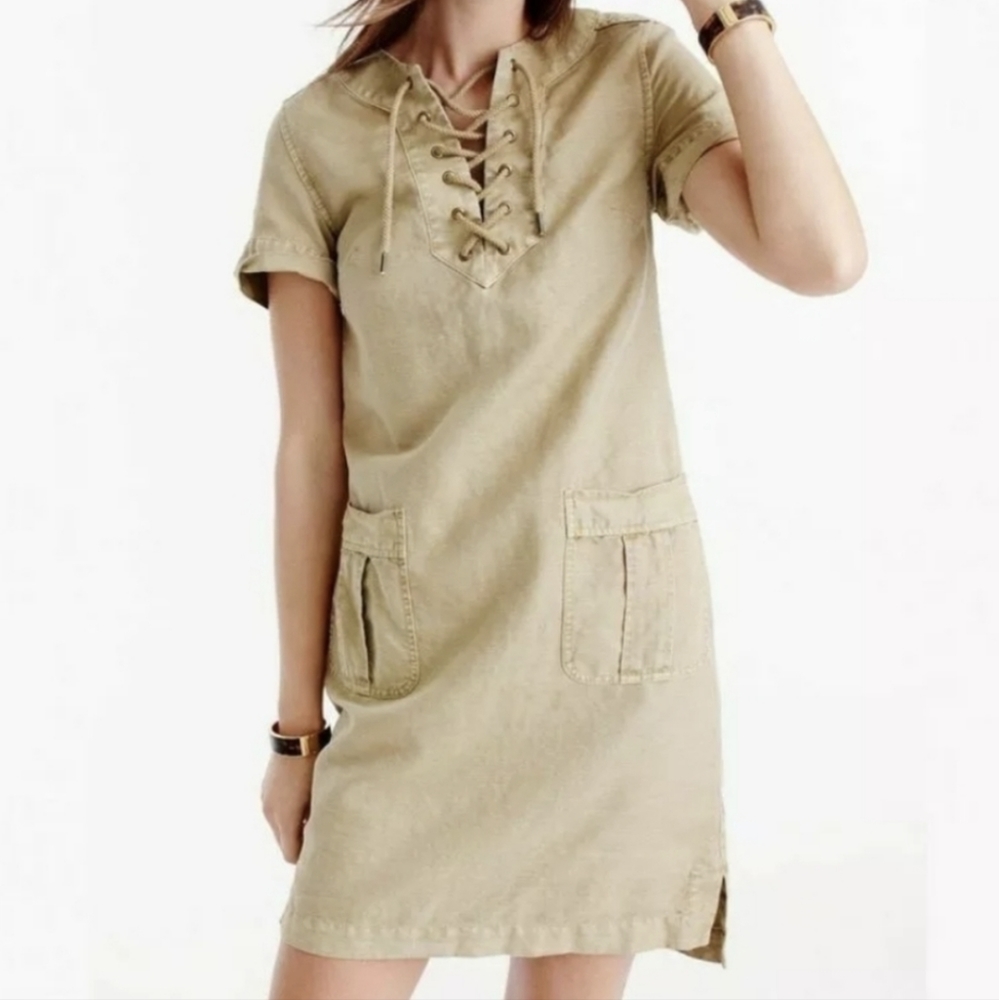 J. Crew Cargo Safari Dress Linen Blend Lace Up V-neck Short Sleeve Khaki size 0
